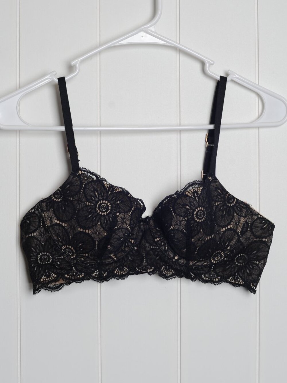 Aerie Balconette Real Power bra size 36A, black floral lace with nude base